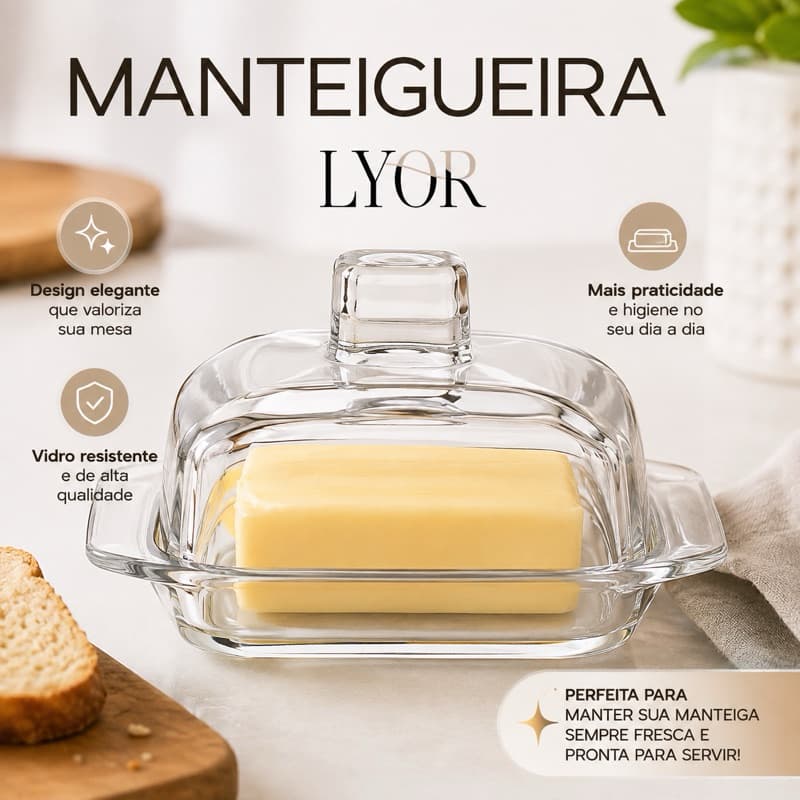 MINI MANTEIGUEIRA DE VIDRO LYOR COM TAMPA – PORTA MANTEIGA ELEGANTE PARA MESA E CAFÉ DA MANHÃ
