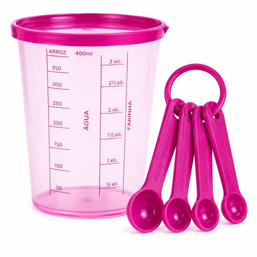 Kit Copo Medidor 400ml Com 4 Colheres Medidoras Para Receitas Confeitaria Cozinha