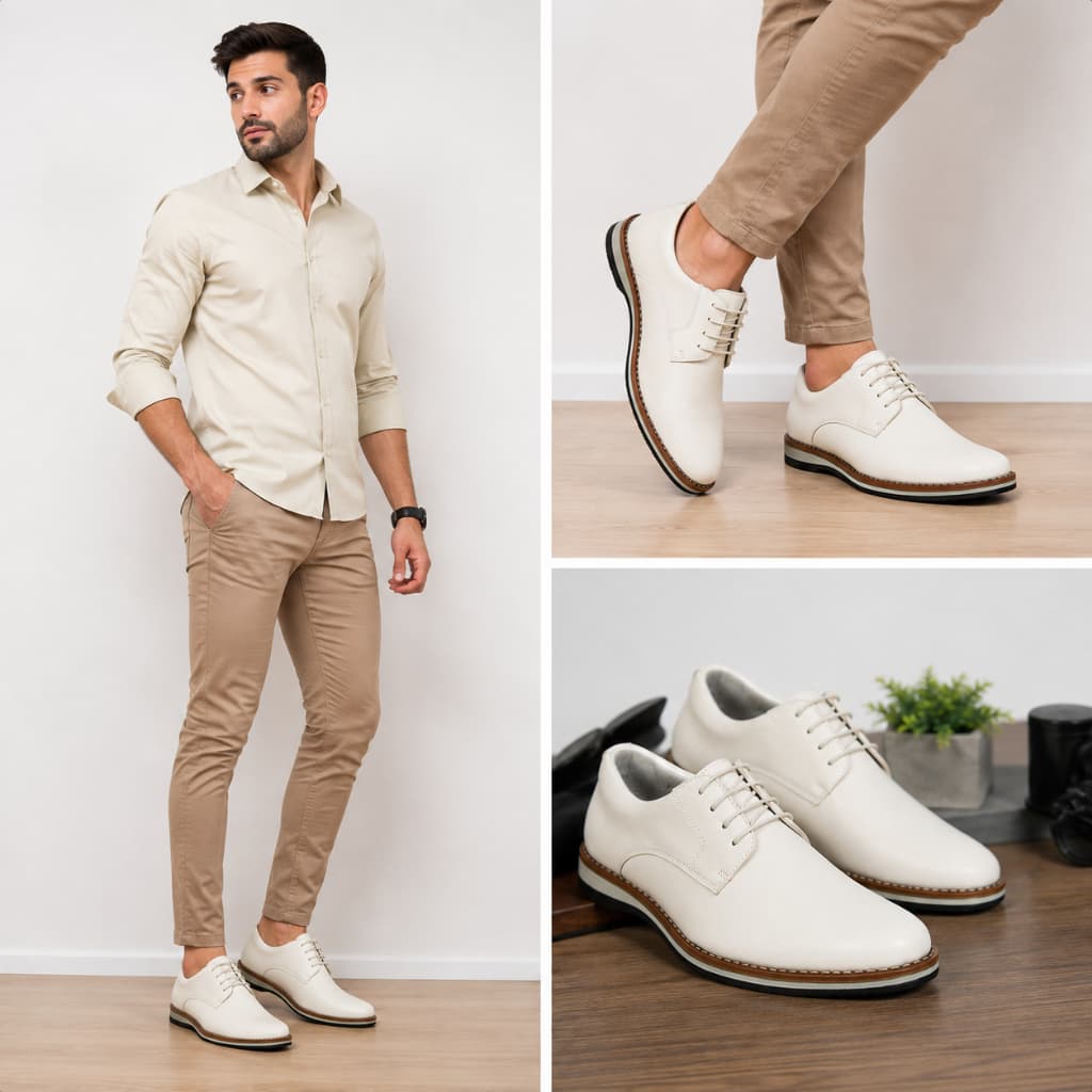 Sapato casual social masculino branco off white modelo amarrar
