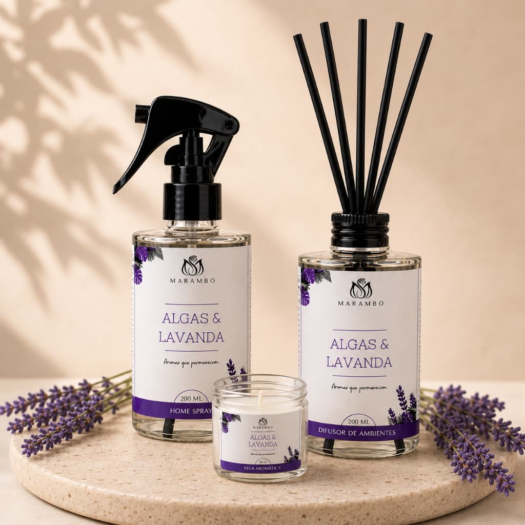 Kit Aromatizador de Ambiente Algas Lavanda Difusor Home Spray Vela