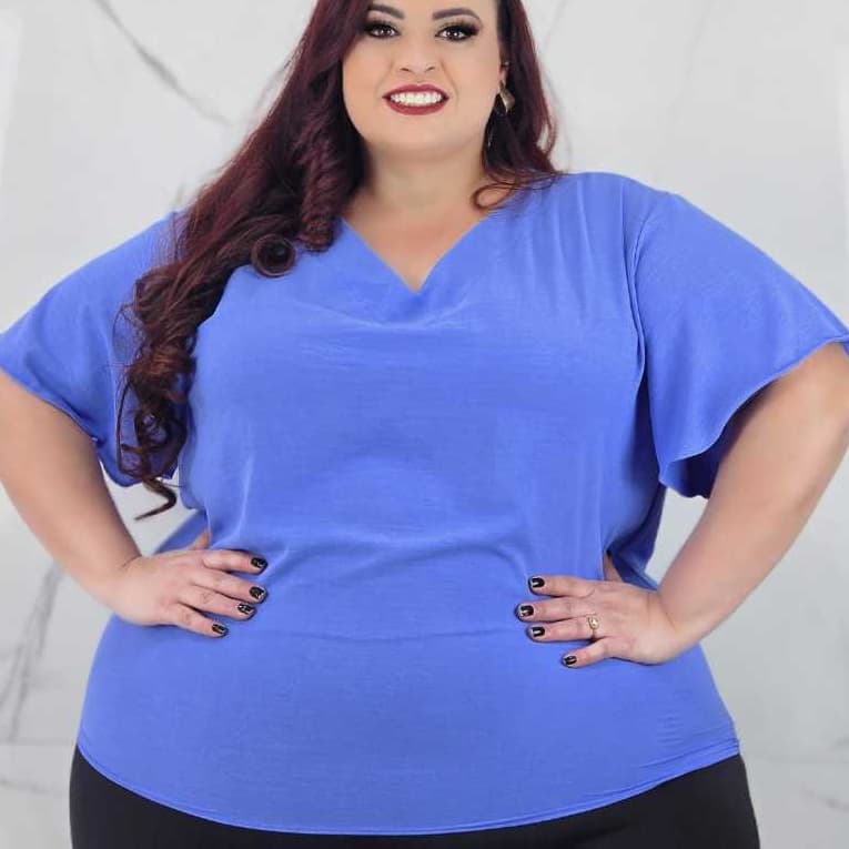 Blusa Feminina Plus Size Gola V Soltinha Manga Curta Tecido Duna Moda Verão