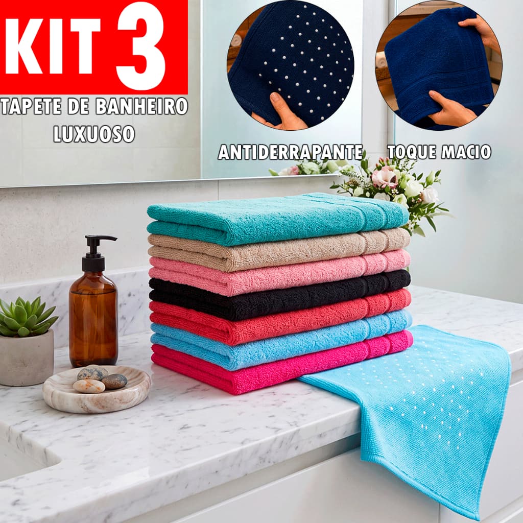 Kit 3 Tapete Luxuoso Antiderrapante de Banheiro 45x70 Super Absorvente 100% Algodão