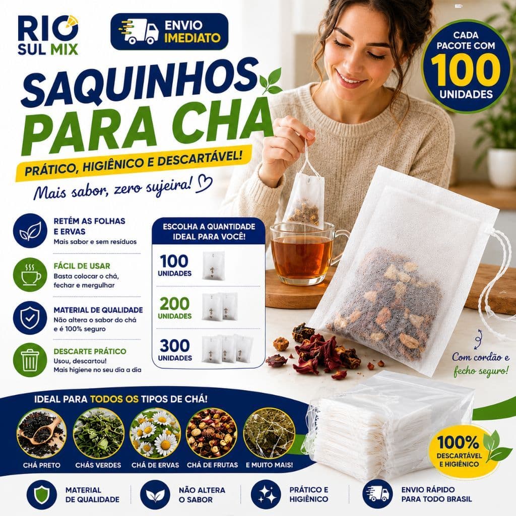Kit 100 Saco Sachês De Chá TNT 10x12cm Filtro Descartável Com Cordão Para Chá Ervas Temperos Infusão