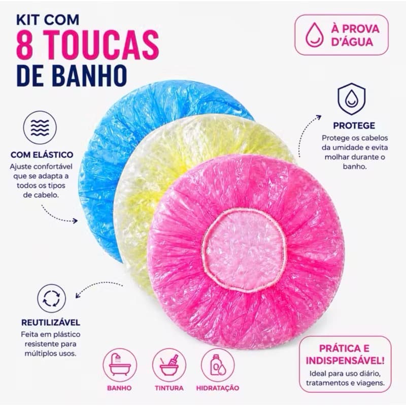 Kit 8 Toucas Plásticas de Banho Reutilizáveis à Prova d’Água – Ideal para Banho, Cronograma Capilar e Tintura