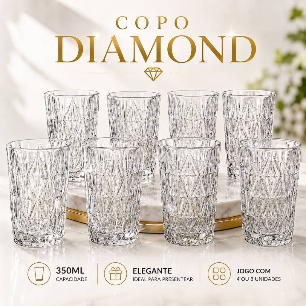 Jogo 4 e 8 Copos Diamond 350ml Vidro Grosso Diamante Luxo Resistente Transparente Elegante Moderno