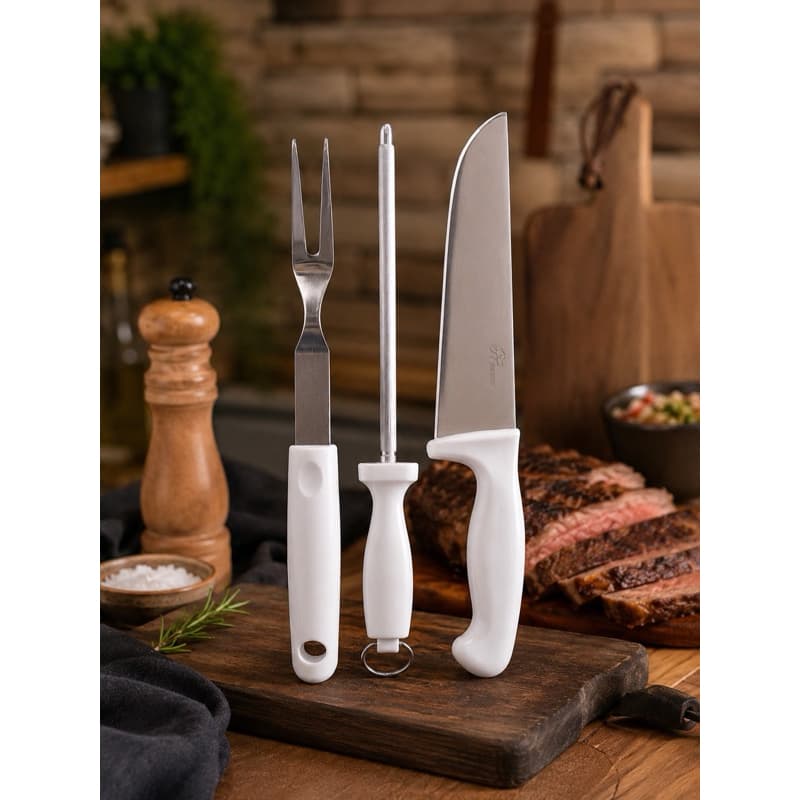 Kit Churrasco 3 Peças Roma Faca Açougueiro + Garfo Trinchante + Chaira Afiador em Aço Inox Cabo Branco Kit para Cozinha