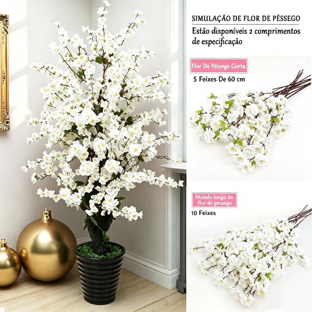 Kit 5-10 Buquê Flores De Cerejeira Artificial Flor Pêssego Estilo Oriental Para Decoração Casamento Branco E Rosa