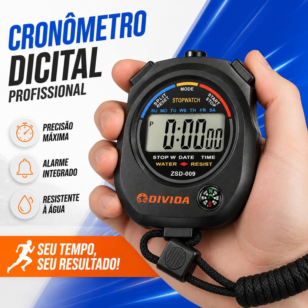 Cronômetro Digital Profissional 1/100s com Alarme Relógio Esportivo de Mão