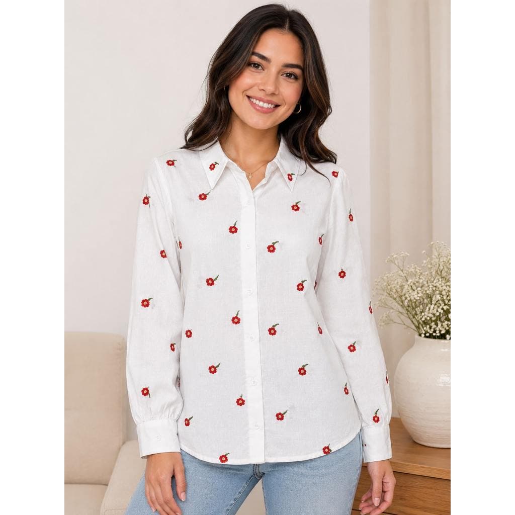 Blusa feminina de linho branco de manga comprida com bordado floral vermelho, estilo casual, adequada para primavera, ve