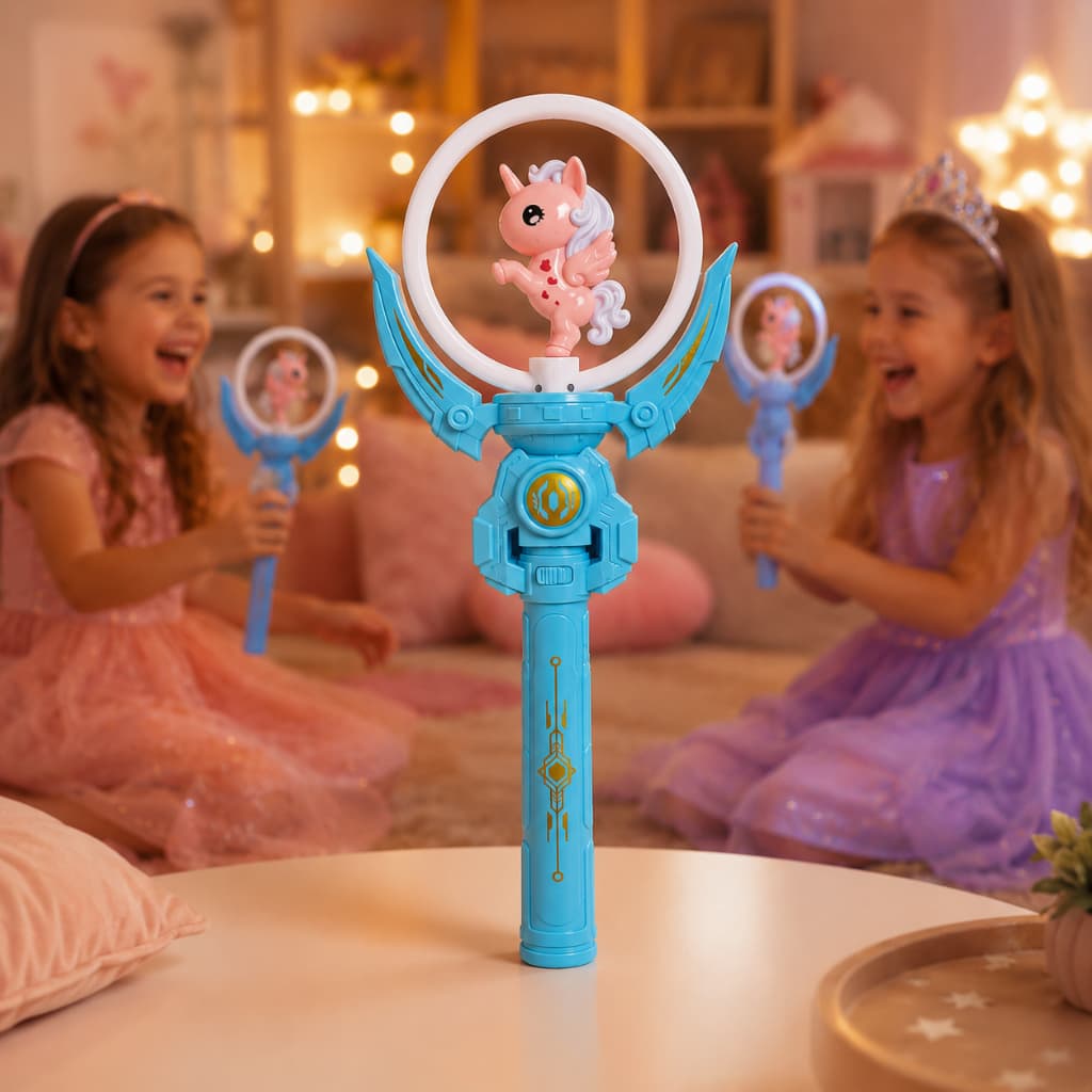 Varinha Mágica Giratória Infantil Rosa com Luz e Som Brinquedo Interativo Modelo Unicórnio diversão