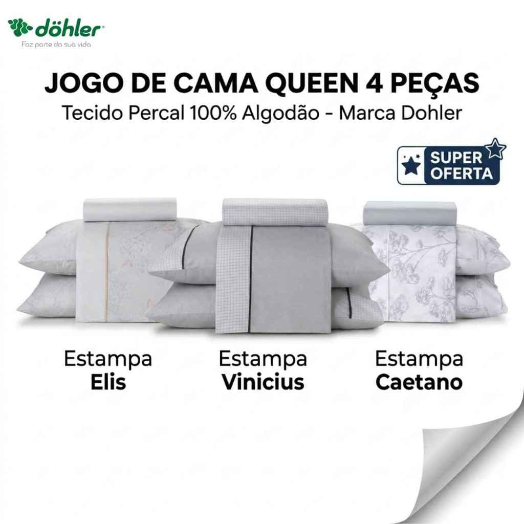 Jogo de Cama Queen 04 Peças com Tecido Percal 180 Fios Macio Dohler 100% Algodão