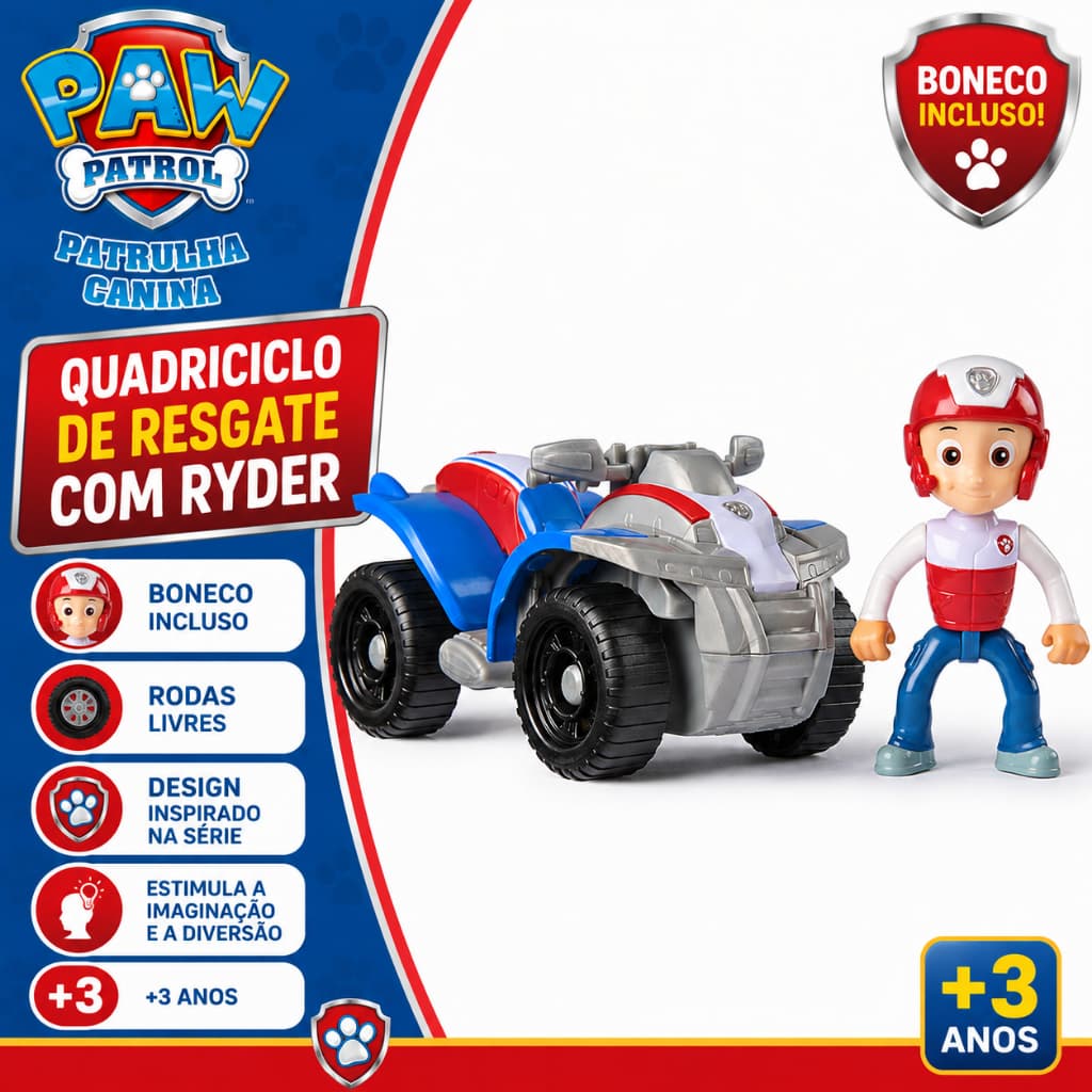 Brinquedo Infantil Veículo Quadriciclo de Resgate Ryder Patrulha Canina com Boneco Figura de Ação Oficial - Sunny