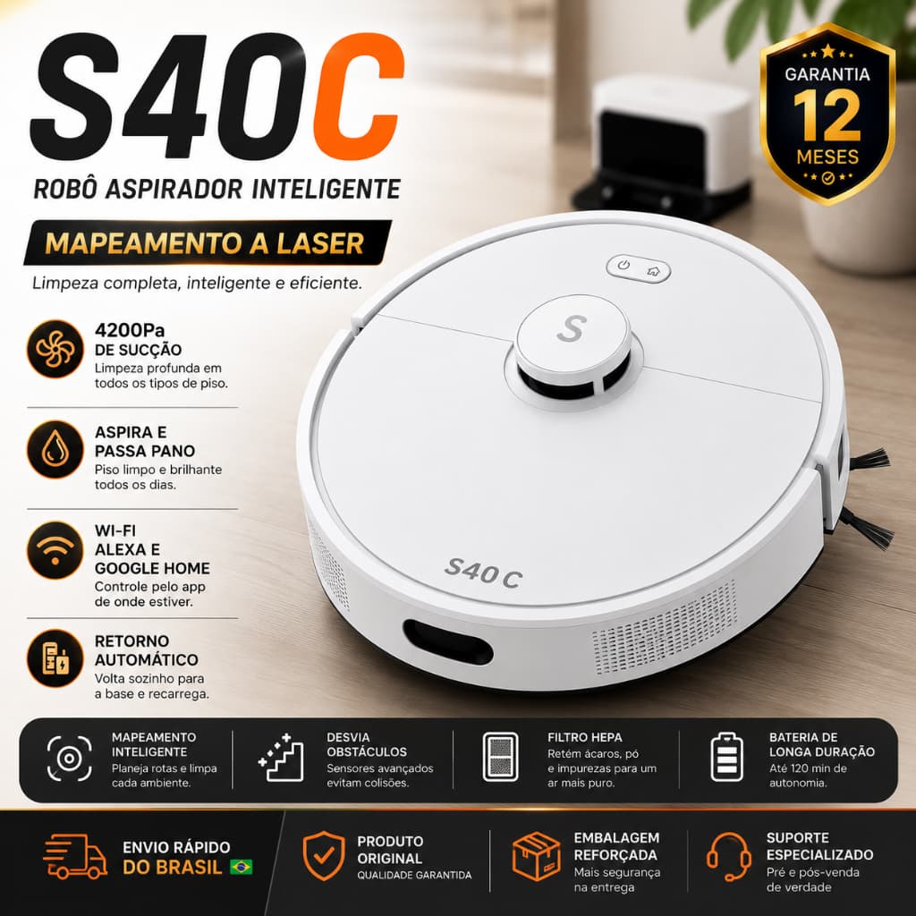 Robô Aspirador S40C Inteligente Mapeamento a Laser Aspira Passa Pano Wi-Fi Alexa Google Home