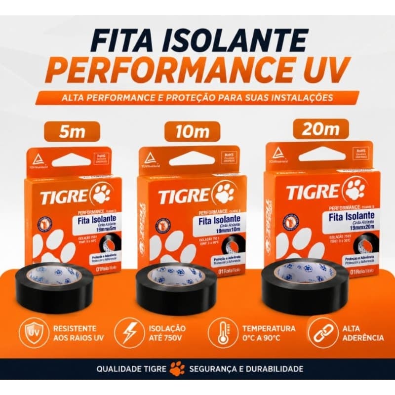 Fita Isolante Performance 19mm x 5, 10 e 20 metros Tigre | Proteção Contra Raios UV
