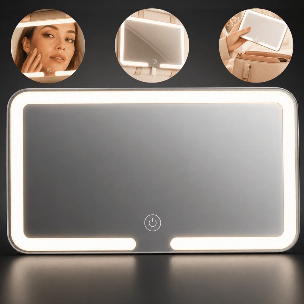 Espelho LED Maquiagem Carro Recarregável USB 3 Modos de Luz Visor Quebra Sol Universal Ajustável
