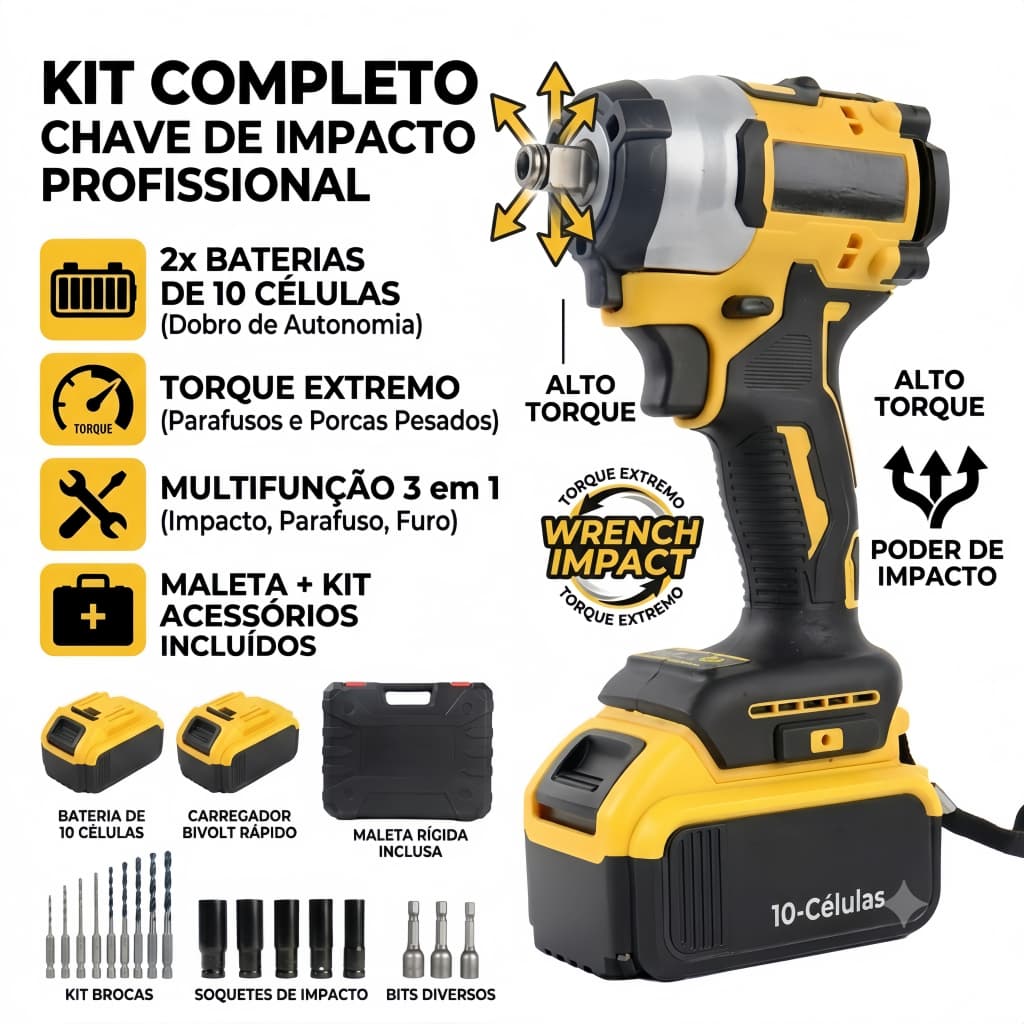 Chave De Impacto A Bateria 48V 10 Celulas Com Soquetes Brocas Carregador Bivolt Maleta Ou Papelao Oferta