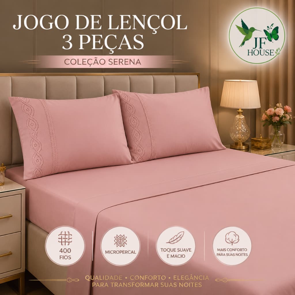 Jogo de Lençol 3 Peças com Bordado Ingles 400 FiosTouel Macio e Elegante Detalhes em Lace Luxo de Hotel