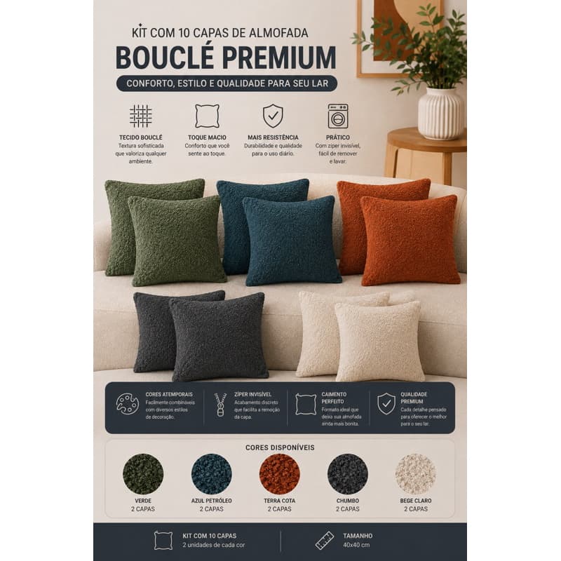 Kit 10 Capas de Almofada 40x40 Bouclê Premium 5 Cores com Zíper para Sofá Decoração