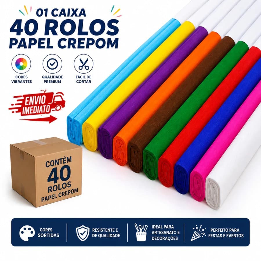 Kit 40 Rolos De Papel Crepom Atacado Para Decoração De Festas E Artesanato - Diversas Cores