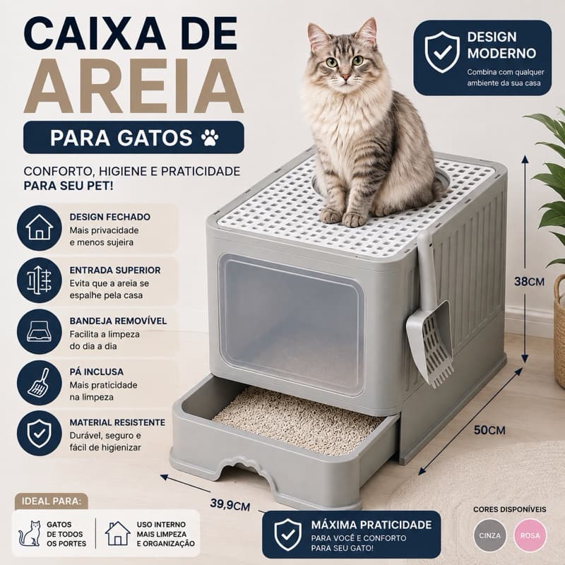 Banheiro fechado para gato Premium com Filtro Anti Odor e Pazinha Caixa de Areia