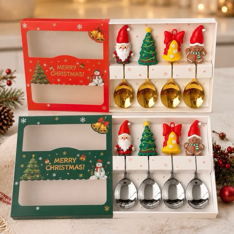 Kit 2 ou 4 Talher Colheres/Garfos Douradas e Prata de Sobremesa de Natal Decoração Natalina