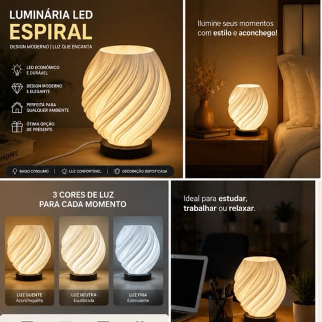 Abajur LED Espiral Moderno Decorativo | Luminária de Mesa para Quarto, Sala, Home Office e Escritório/ 19 cm x 16 cm