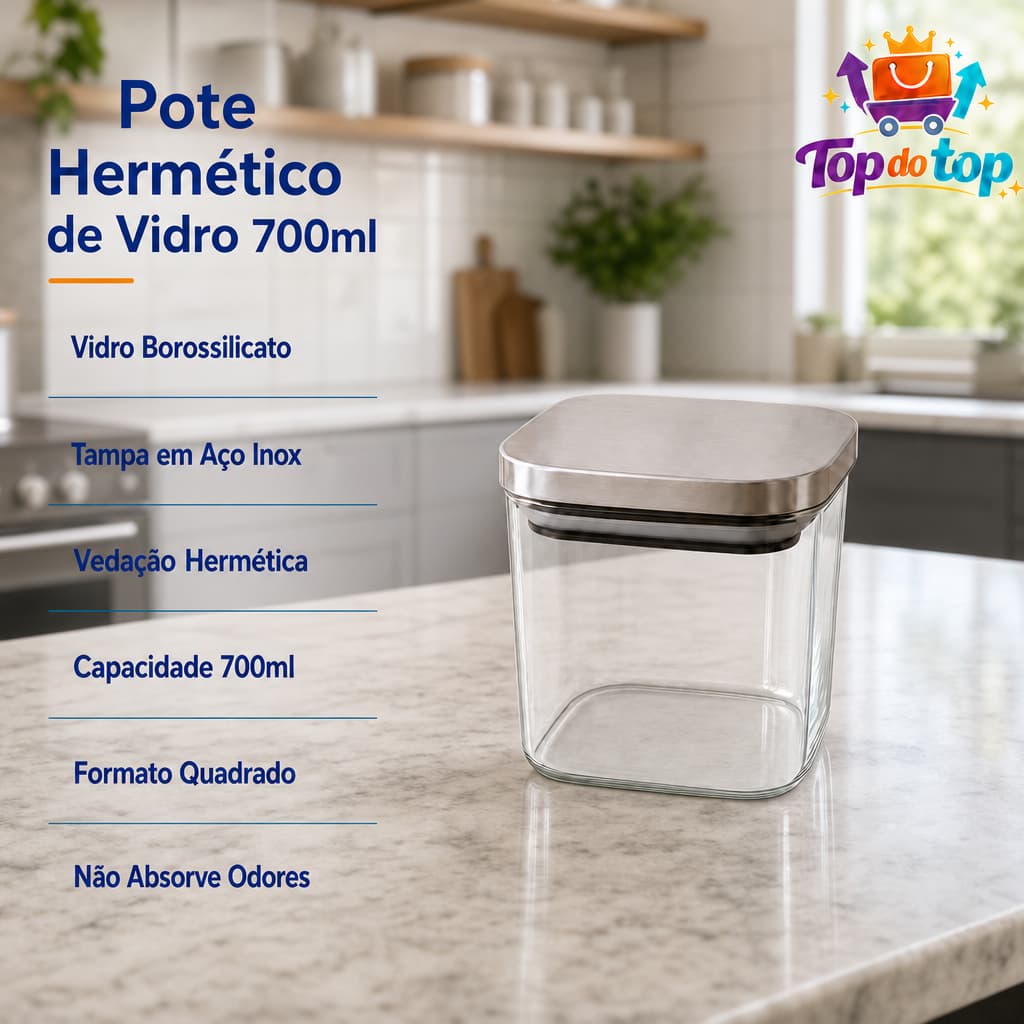 Pote Hermético Quadrado Vidro Borossilicato Tampa Inox 700ml