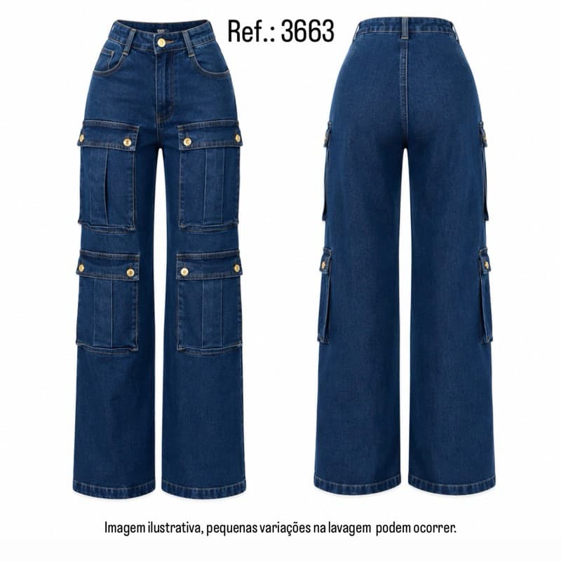 Calça Jeans Feminina Wide Leg Bolso Cargo Blessmih Sal e Pimenta Mais Estilosa