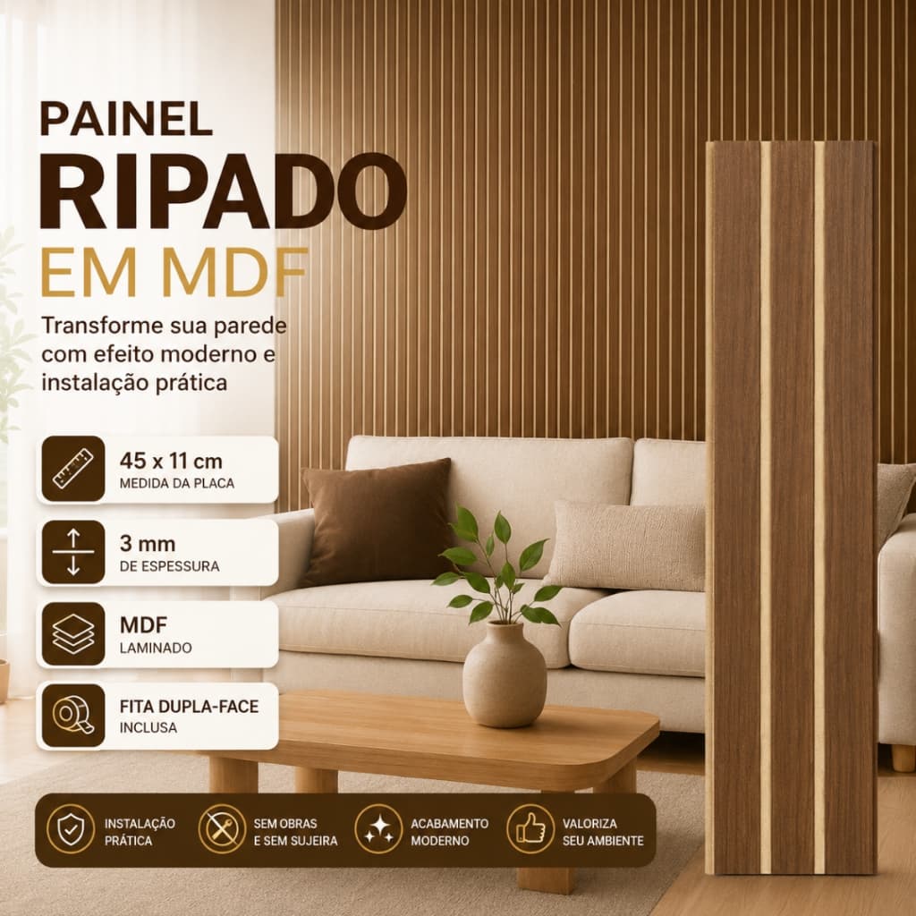 Kit Até 40 Placas Painel Ripado MDF Adesivo de Parede 45x11cm Decorativo Para Sala Quarto