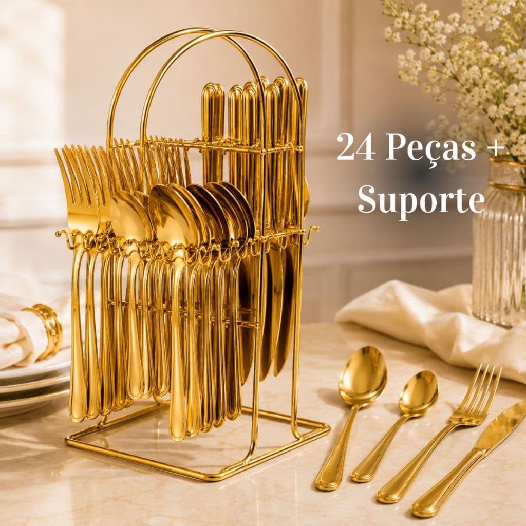 Kit Suporte com Jogo Talheres 24 Peças Faqueiro Dourado Aço Inox Conjunto Organizador Premium Cozinha Luxuosa