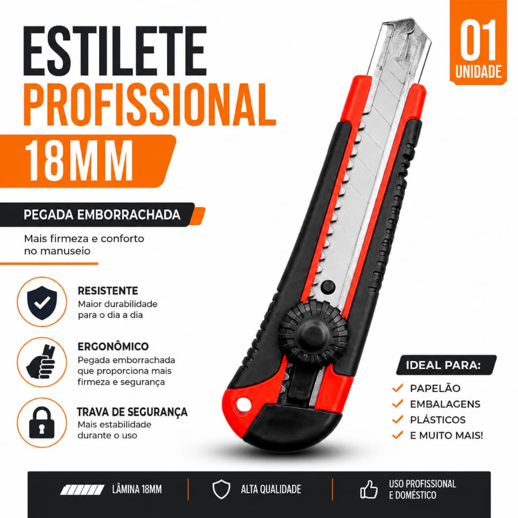Kit Estilete 18mm 🔥 Profissional + Lâminas | Emborrachado com trava de segurança