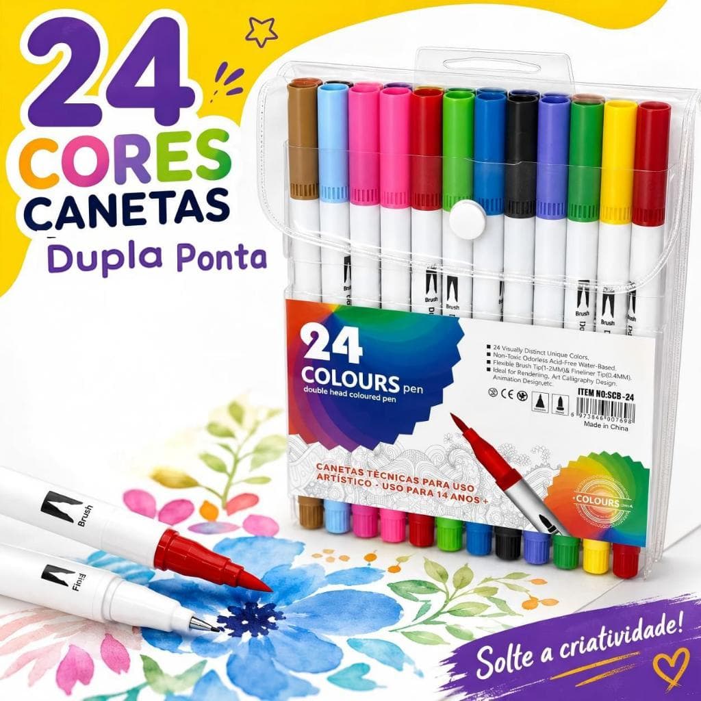 Canetas Dual Tip 24 Cores Brush e Ponta Fina para Lettering, Desenho, Pintura e Caligrafia