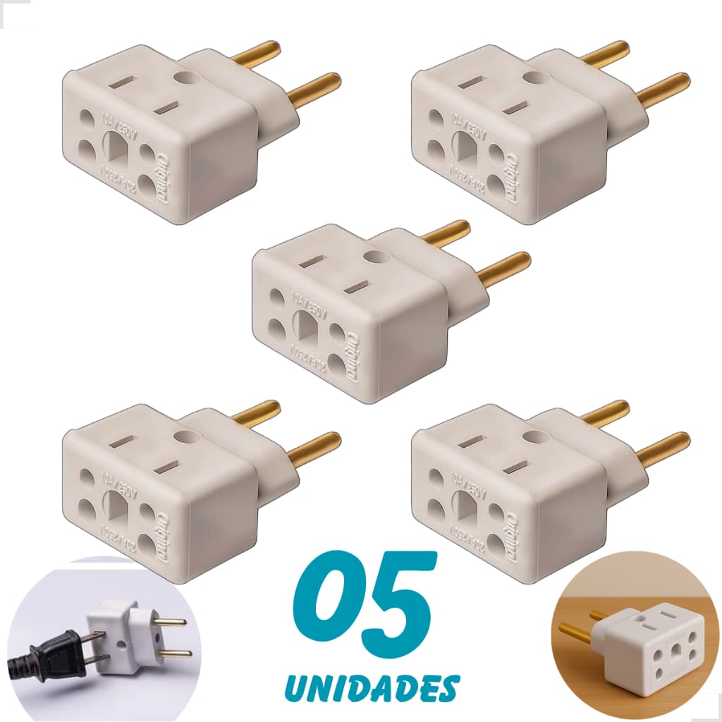 Kit 5 Adaptador de Tomada Benjamin T 10A/20A Pino Maciço Bivolt Plug Reto Bob 3 Entradas Universal