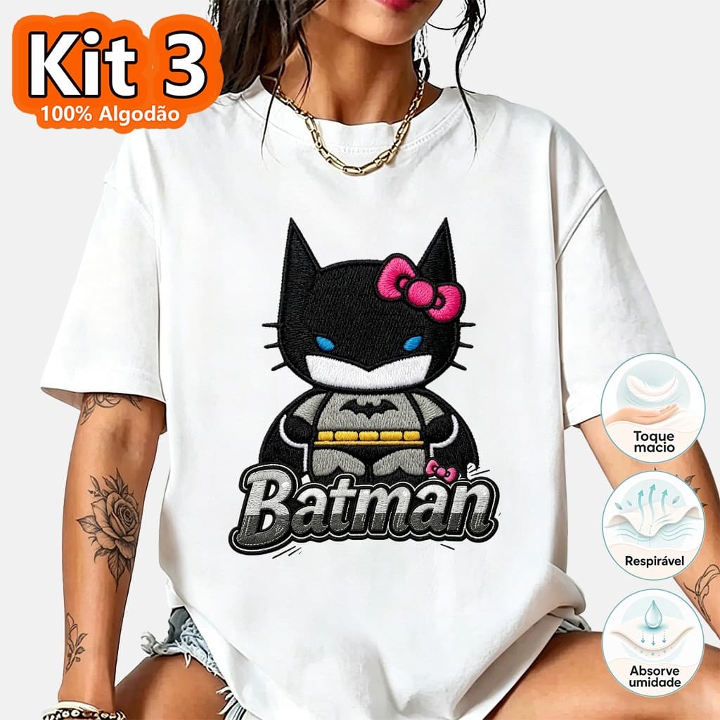 Kit 3 Camiseta Estampa Bordada Hello Kitty Batman 100% Algodão Respirável Tamanho P até G3 Moda Casual Feminina