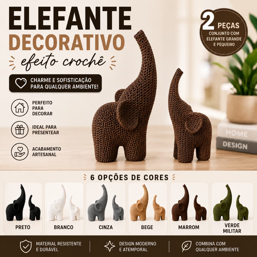 Elefante Decorativo Efeito Crochê Decoração Delicada e Moderna para Sala, Quarto, Escritório