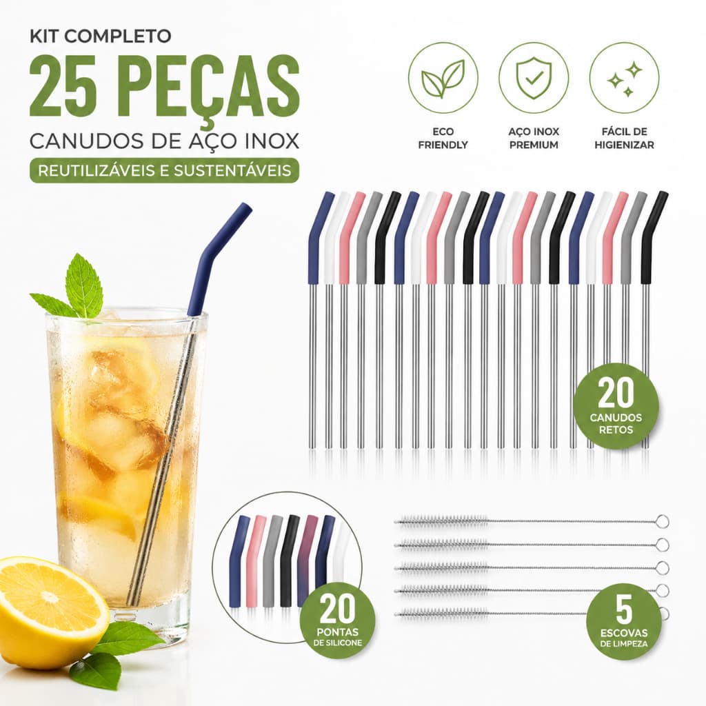 Kit Canudos Aço Inox Reutilizável 25 Peças com Escova de Limpeza 20 Canudos Retos + 20 Pontas Silicone