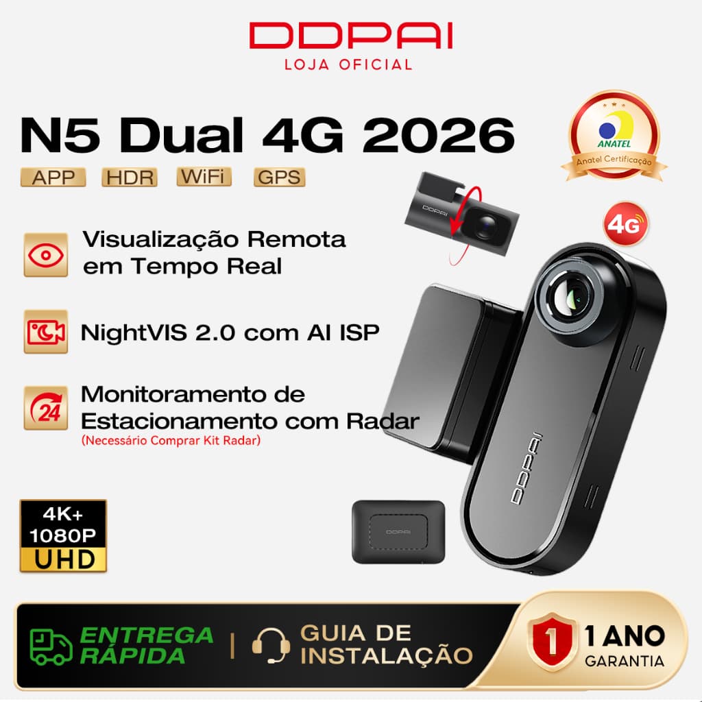 Câmera Veicular DDPAI N5 Dual 4G 2026 Monitoramento Remoto 4K HDR +1080P Visão Noturna 2.0 GPS Wi-Fi 5G APP ADAS