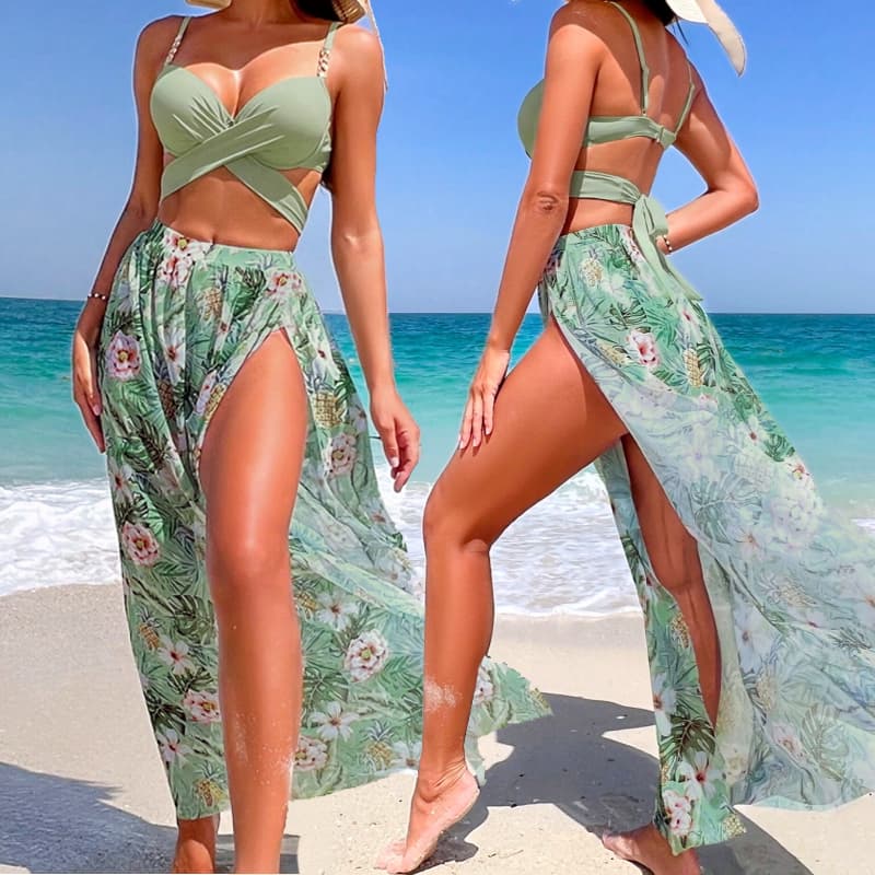 Conjunto de Biquíni 3 Peças Feminino com Saia Longa Estampada e Fenda Alta para Praia e Piscina