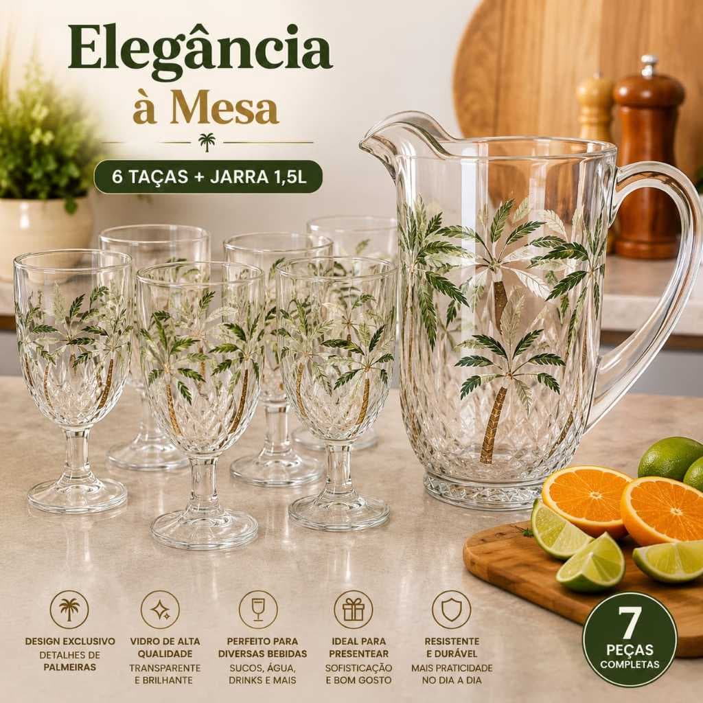 Conjunto Kit 6 Taças + Jarra de Vidro 1,5L Palmer Luxo Mesa Posta Drinks Sucos Jogo Jantar Promoção