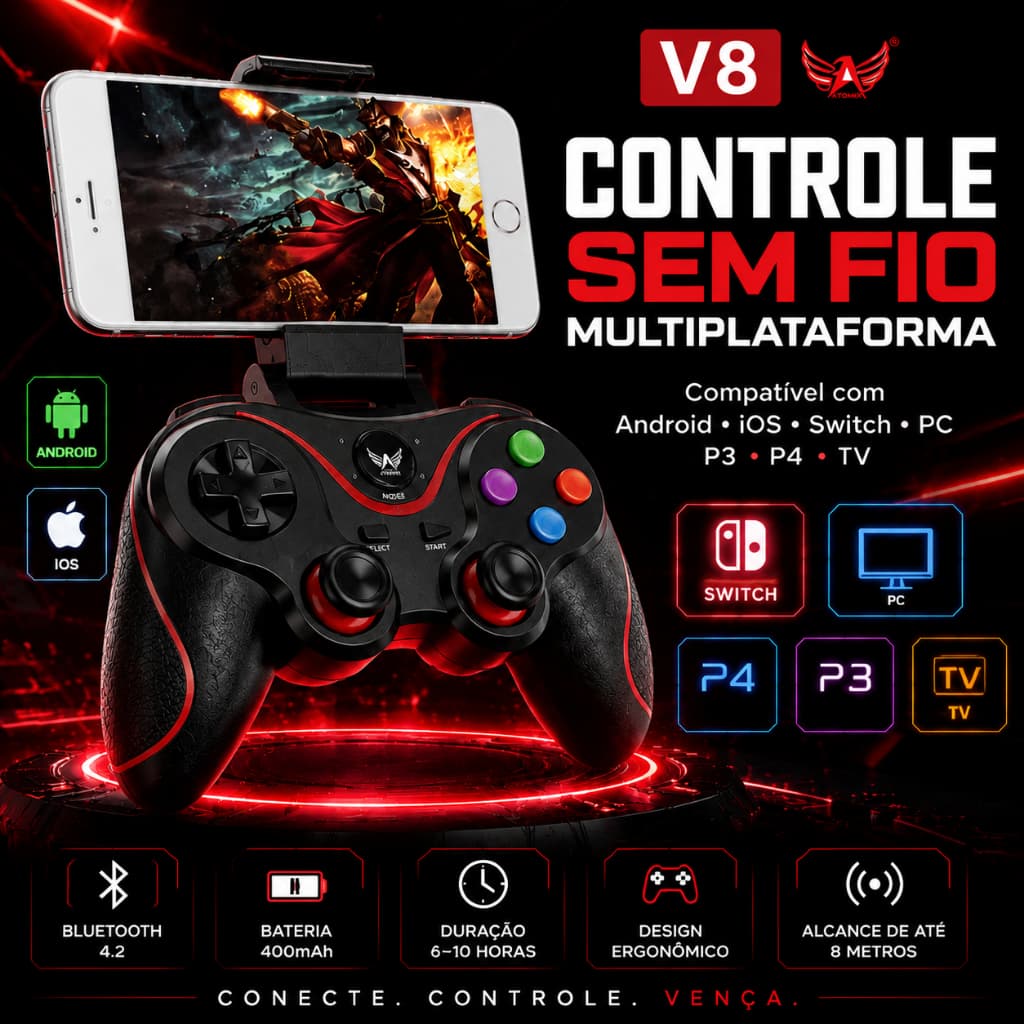 Controle Gamer Bluetooth V8 Sem Fio Para Celular PC Smart TV Android iOS Com Alta Precisão