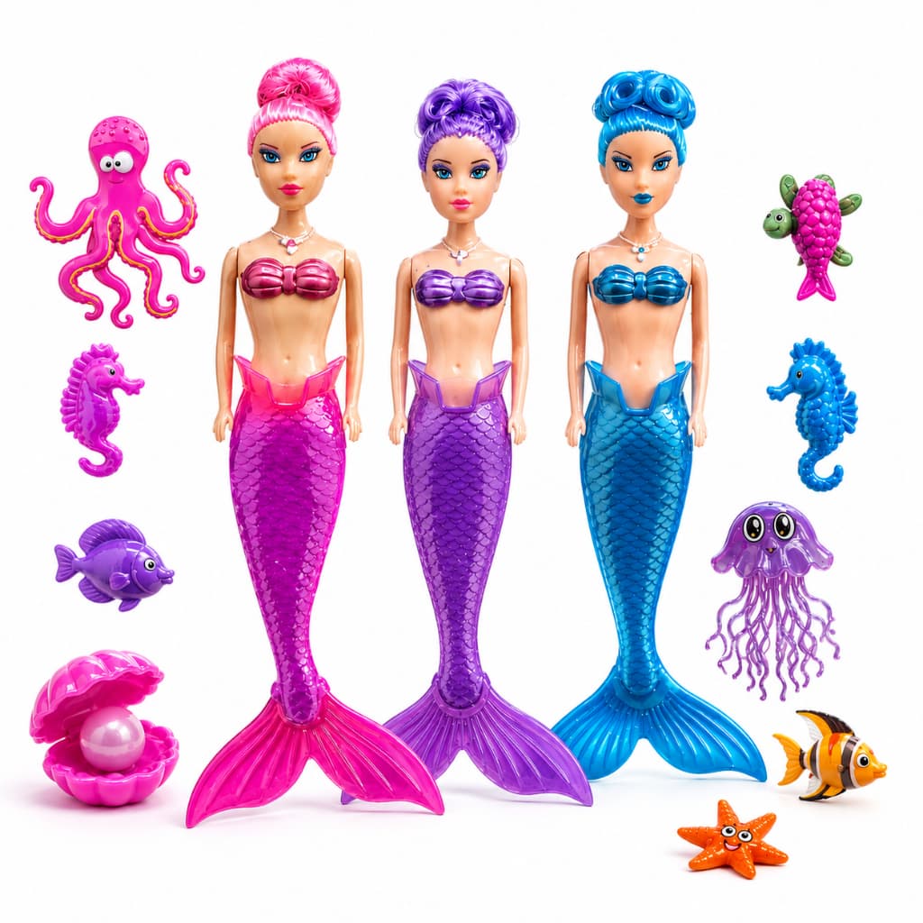 Boneca Sereia Infantil Com Acessorios Do Fundo Do Mar Cauda Colorida Brinquedo Menina Presente Aniversario Infantil