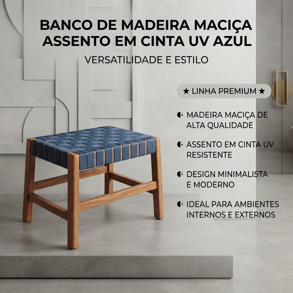 Banco de Madeira Maciça com Assento em Cinta UV Azul – Uso Interno e Externo
