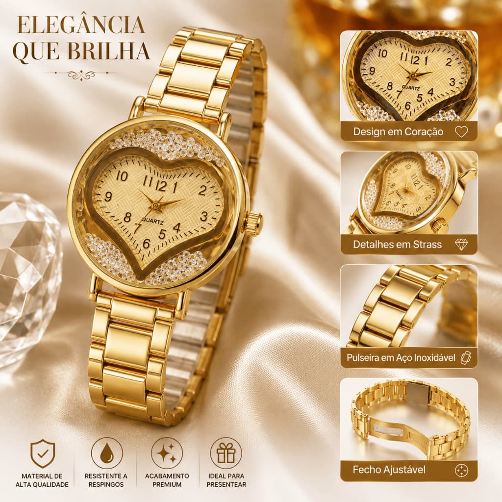 Relógio Feminino Prata com Strass Coração Elegante Quartzo Pulseira Metálica Sofisticada