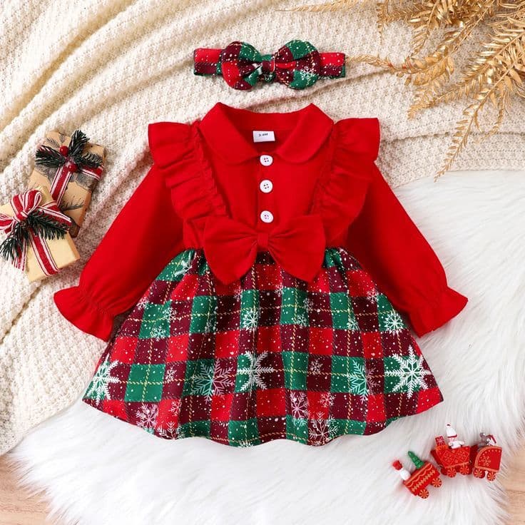 Vestido Infantil Natalino Xadrez Com Faixa De Cabelo Roupa De Festa De Fim De Ano Bebê