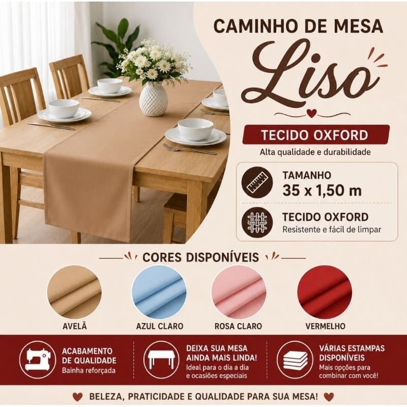 Caminho de Mesa Oxford Trilho de Mesa Premium Passadeira para Mesa de Jantar Várias Cores Resistente Lavável