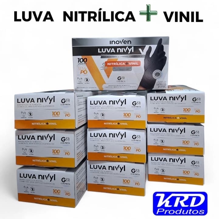 Luva Nitrílica + Vinil Preta Descartável Sem Pó Resistente 100 Unidades