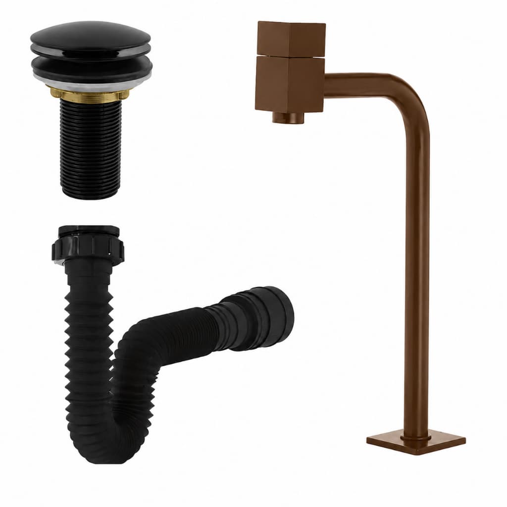 Kit Torneira Lavatório Cuba 90° Bica Alta Corten + Válvula Click 7/8 Preta + Sifão Flexível Preto