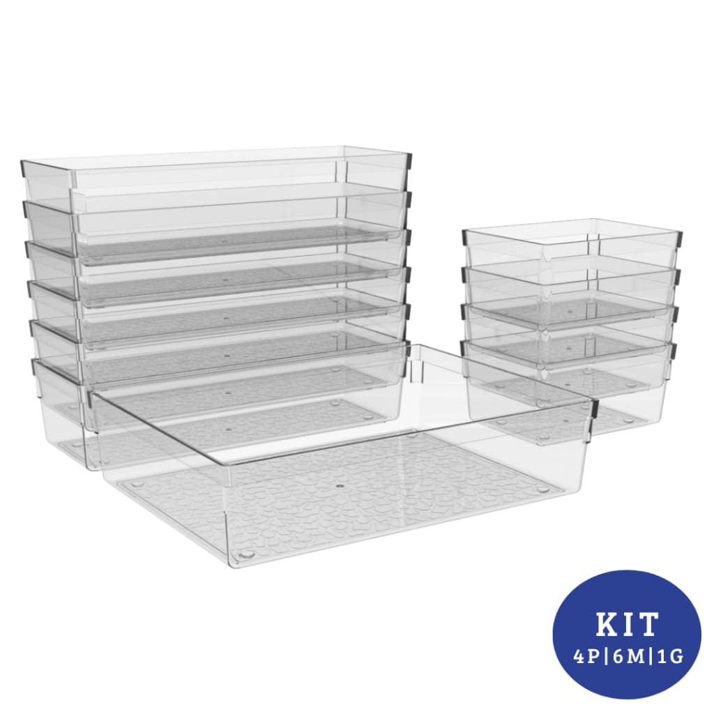 Kit com 11 Organizadores de Acrilico Multiuso Modular Geladeira Gaveta Maquiagens Armário Tamanhos 4P 6M 1G
