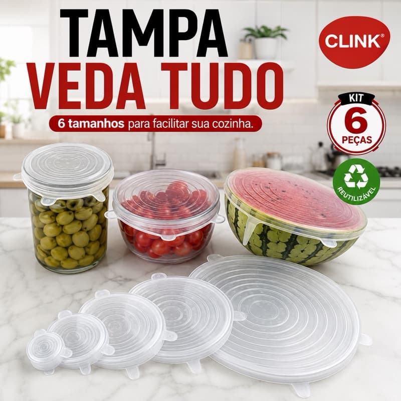 Tampa Veda Tudo Clink kit 6 Peças Silicone Flexível Reutilizável para Potes Recipientes e Alimentos