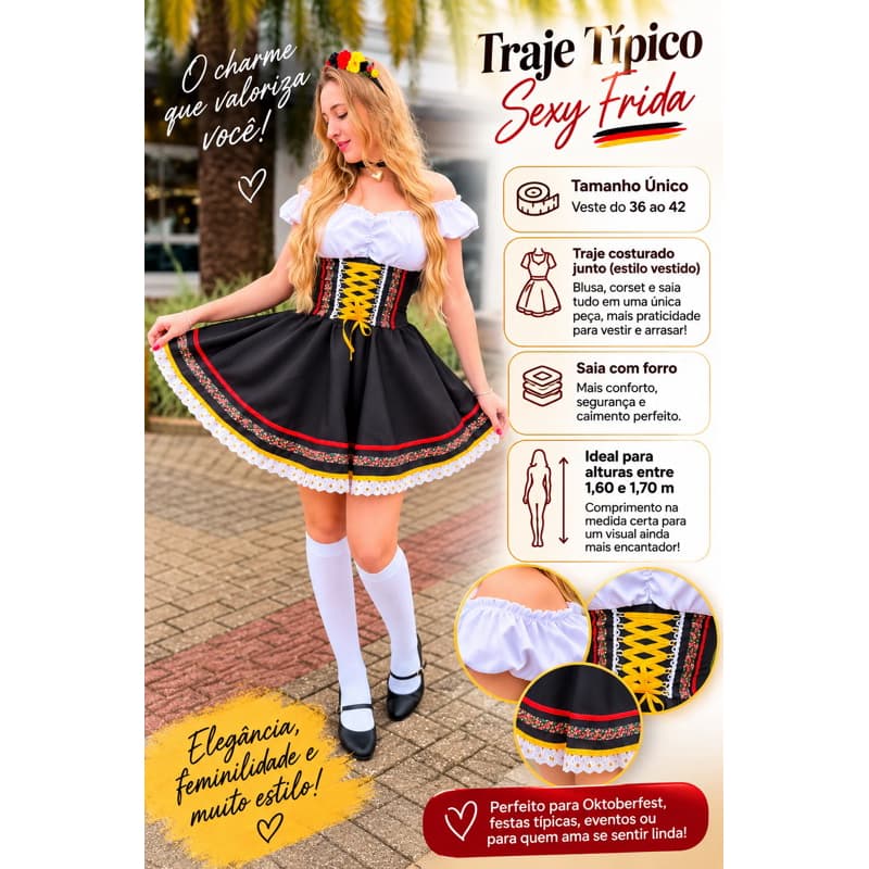 Traje Típico Alemão Feminino Completo Vestido Meia Tiara